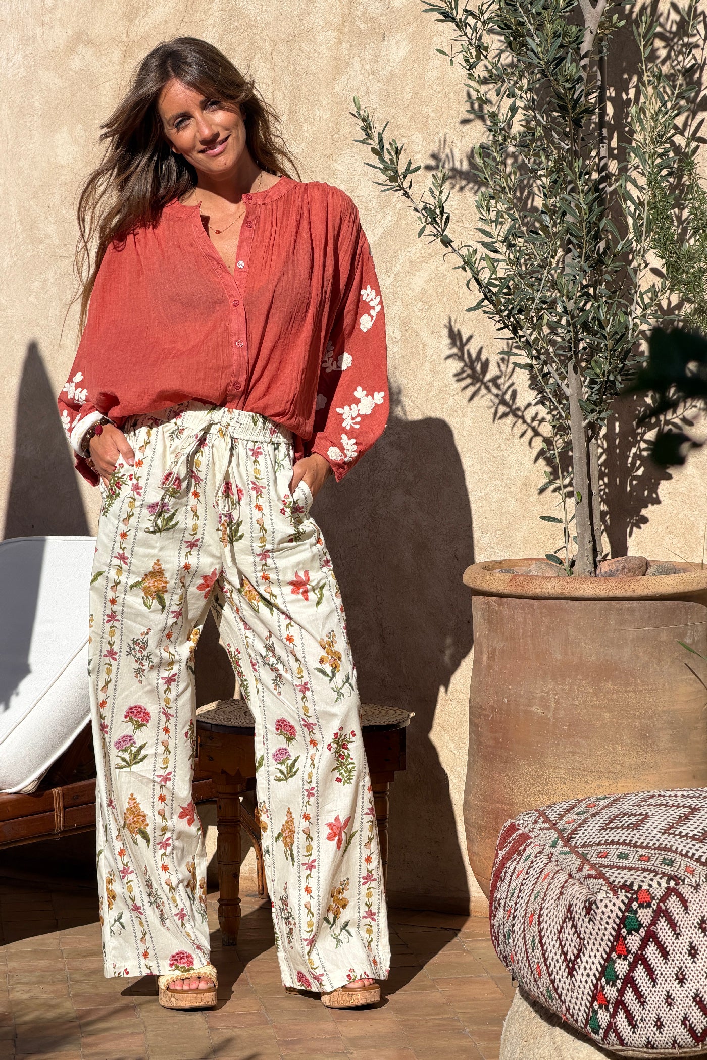 Beige Floral Border Print Pull-On Pants