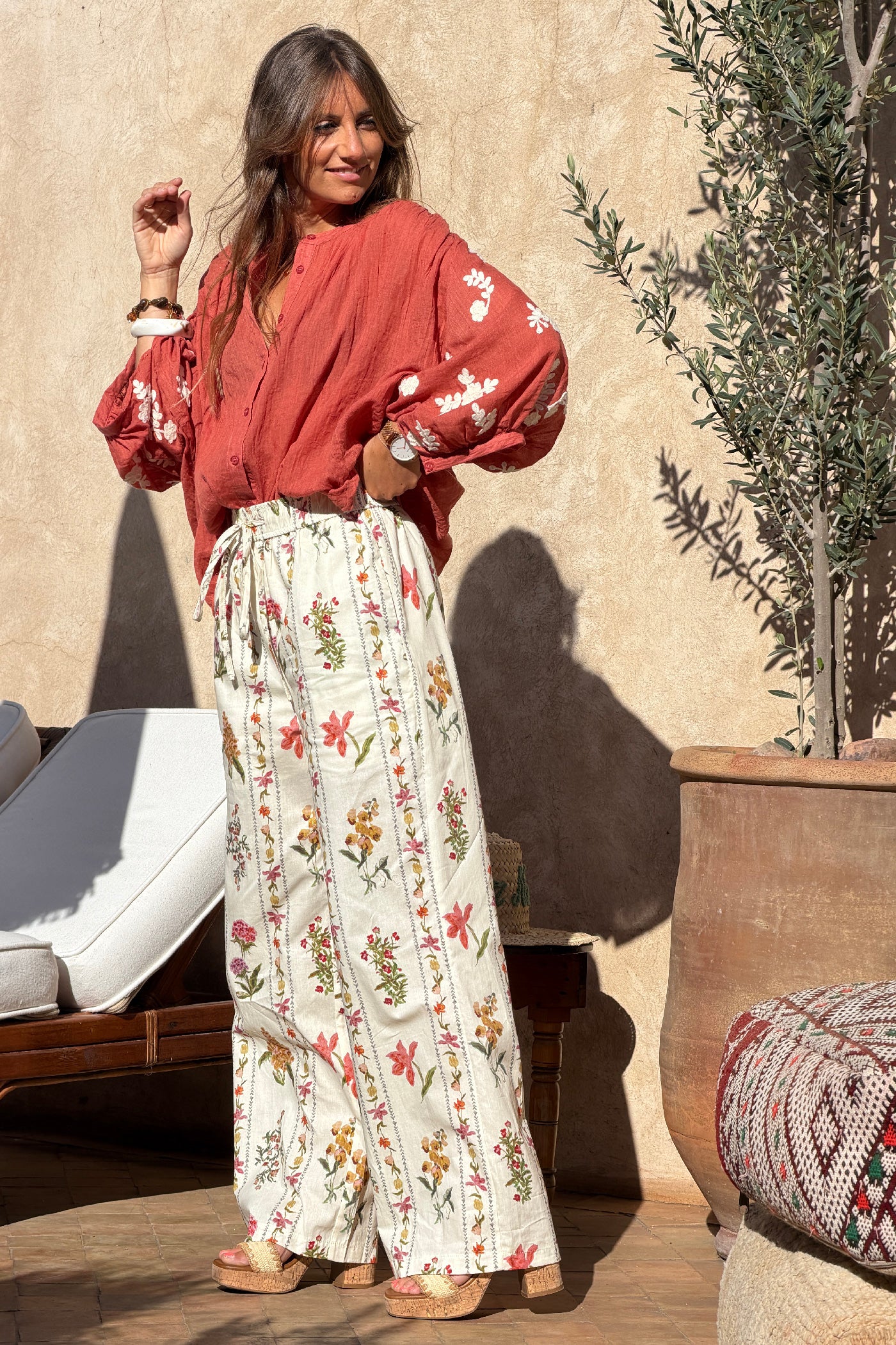 Beige Floral Border Print Pull-On Pants