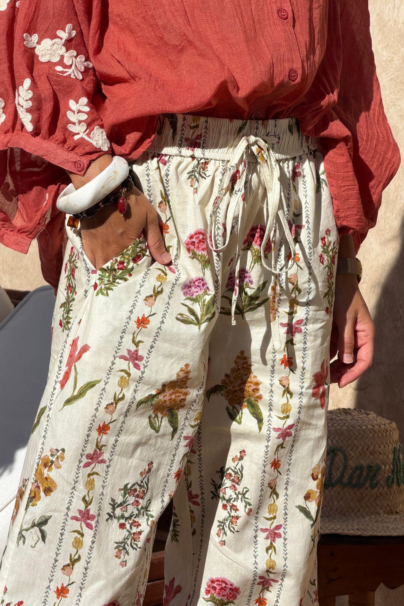 Beige Floral Border Print Pull-On Pants