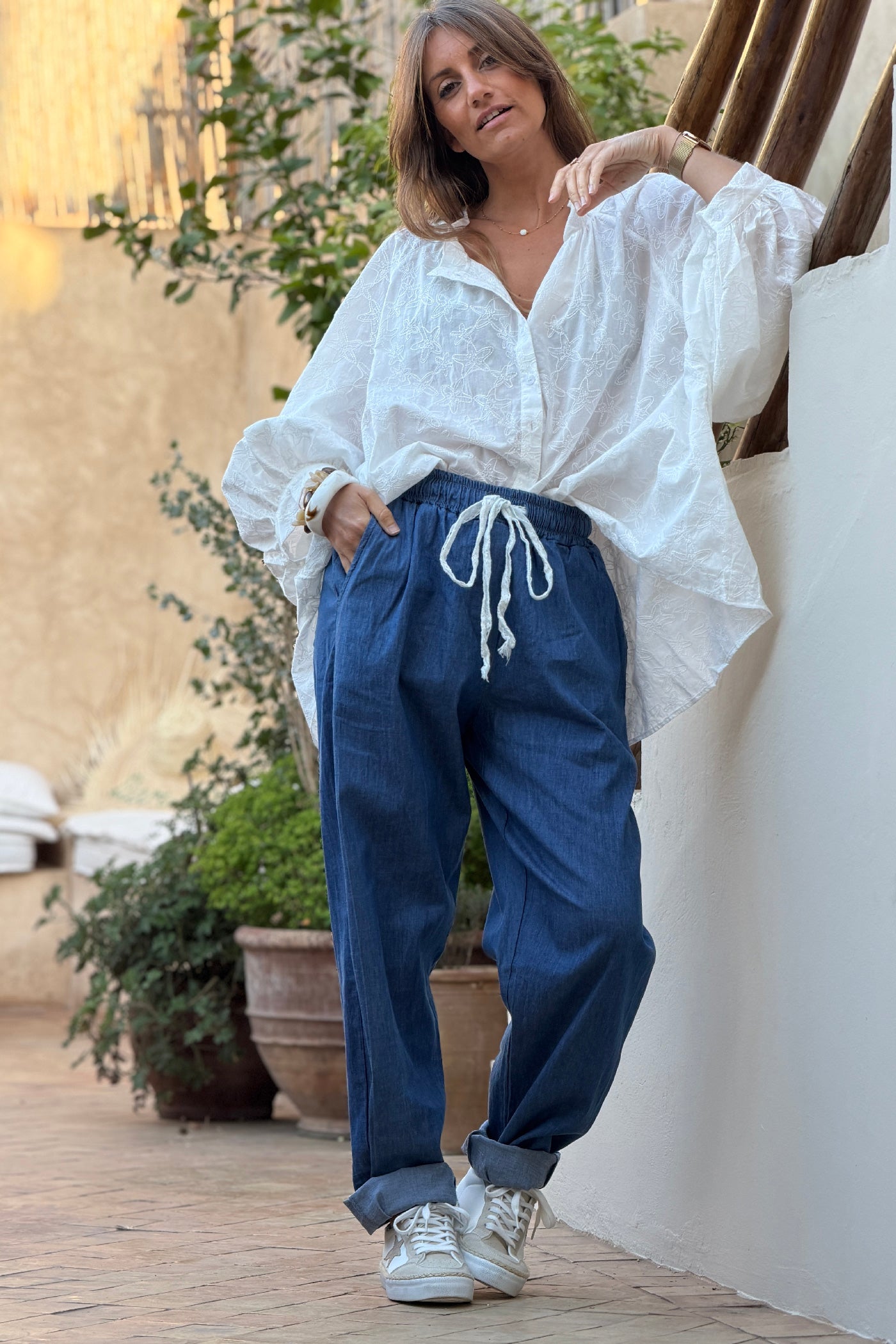 Medium Wash Denim Drawstring Joggers