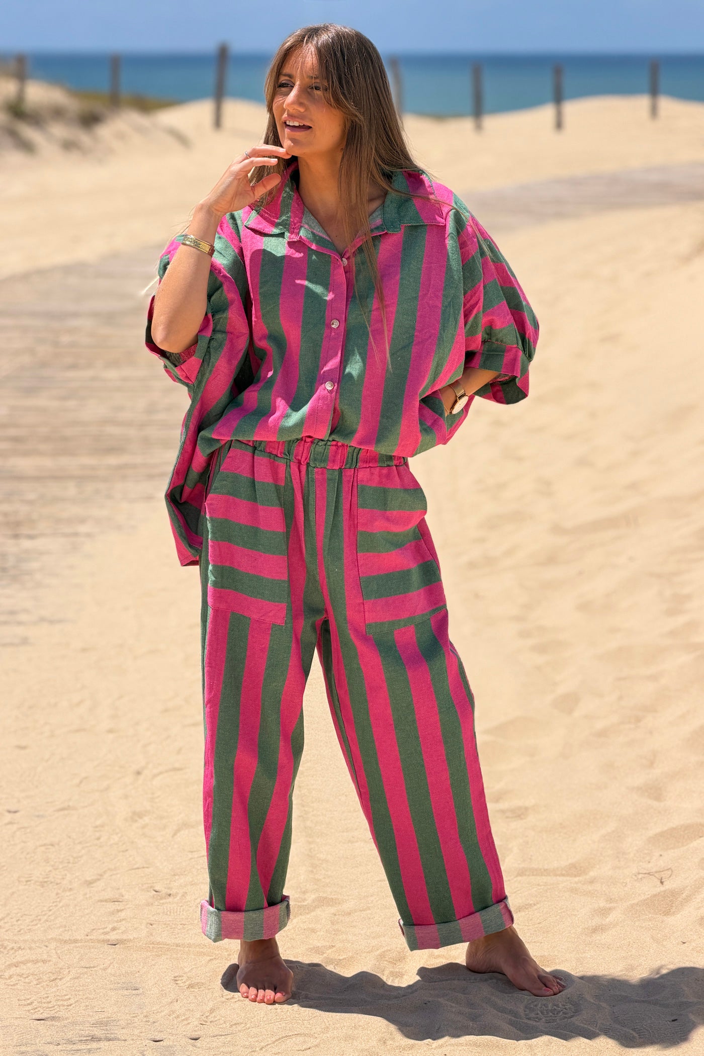 Pink Colorblock Striped Beach Pants