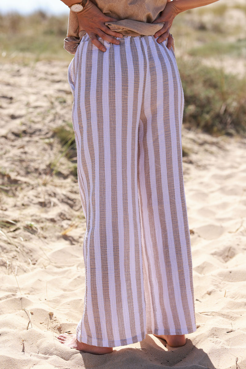 Pantalon en gaze de coton à rayures beige wide leg ceinture élastique