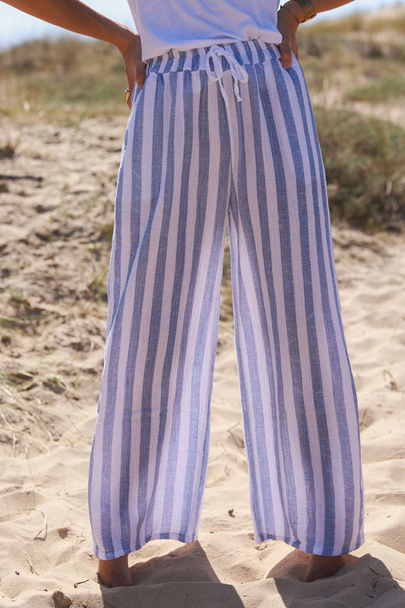 Dusty Blue Striped Gauze Casual Pants