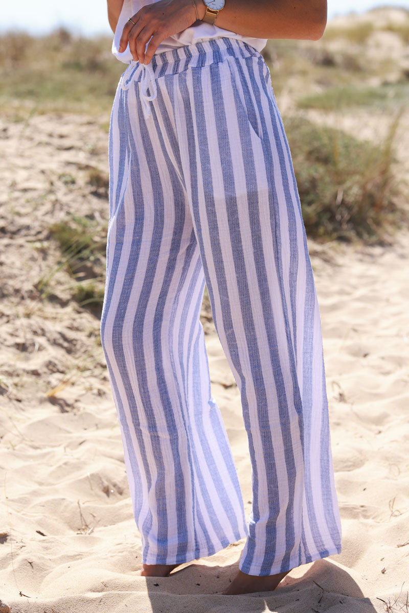 Dusty Blue Striped Gauze Casual Pants