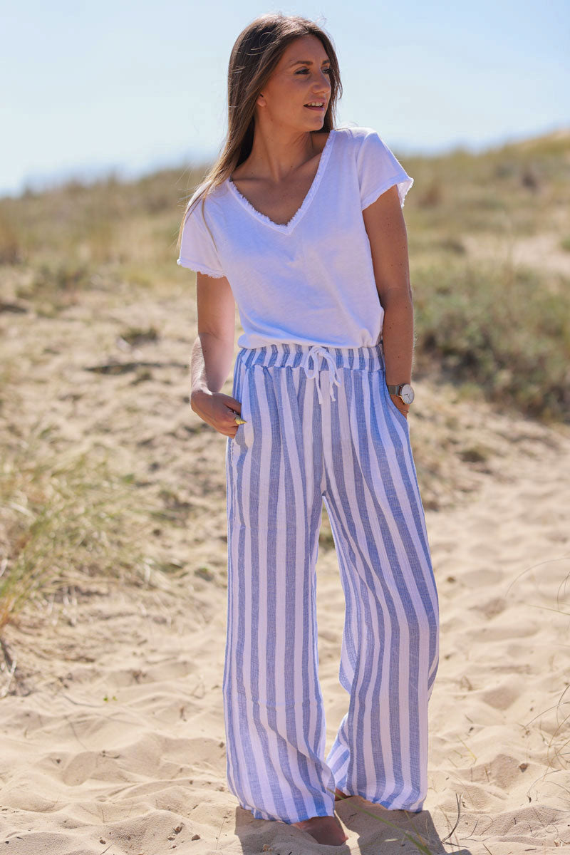 Dusty Blue Striped Gauze Casual Trousers