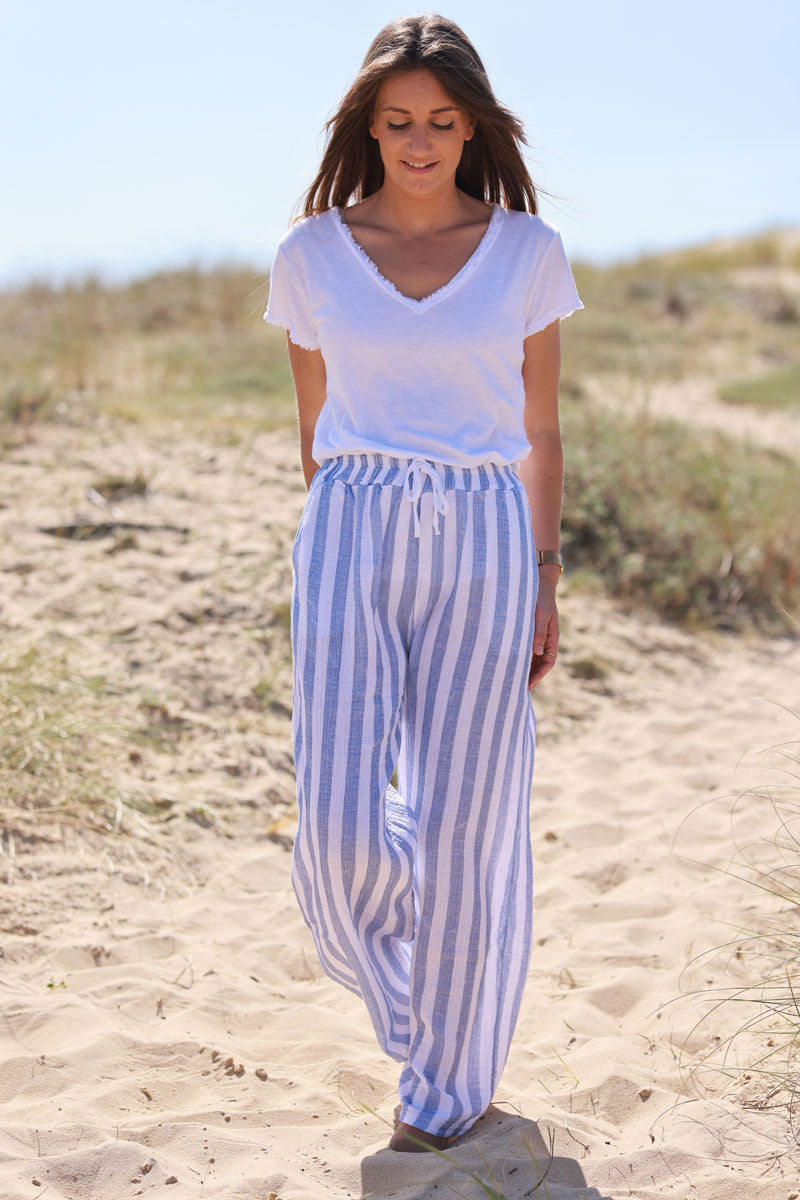 Dusty Blue Striped Gauze Casual Trousers