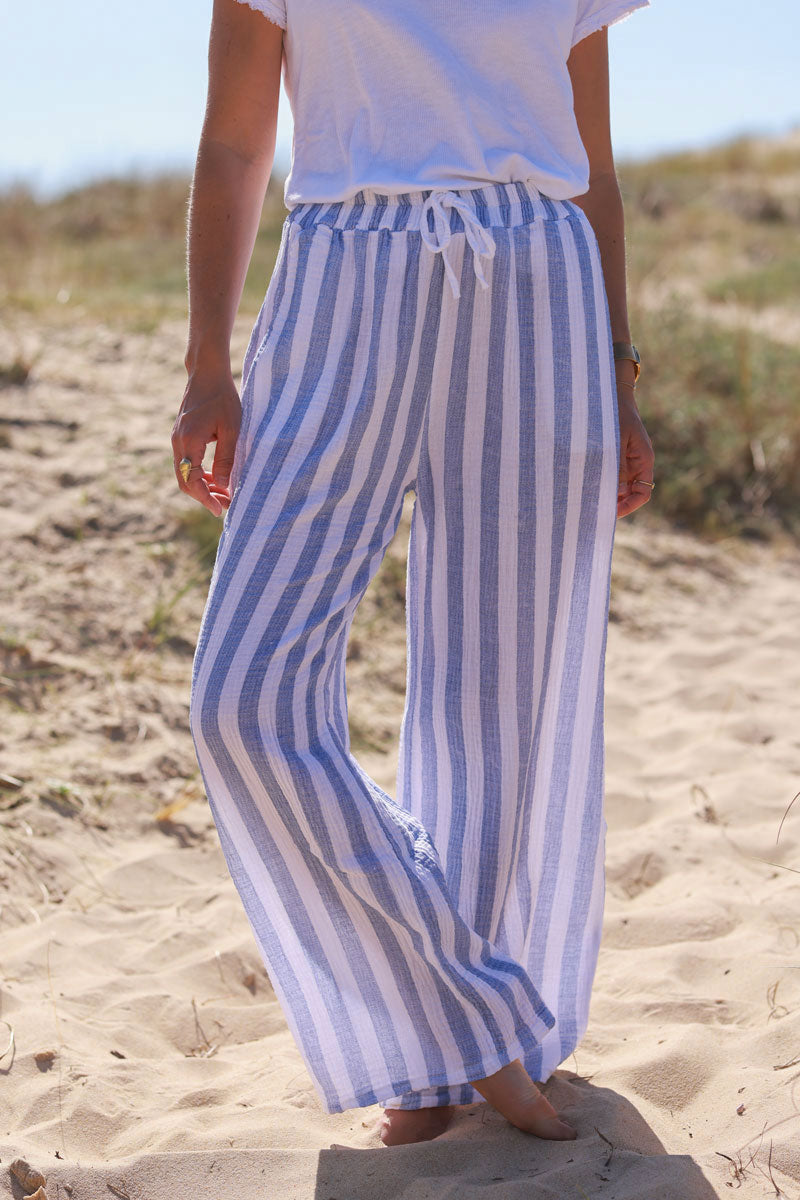 Dusty Blue Striped Gauze Casual Pants