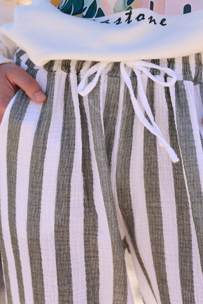 Olive Striped Gauze Casual Pants
