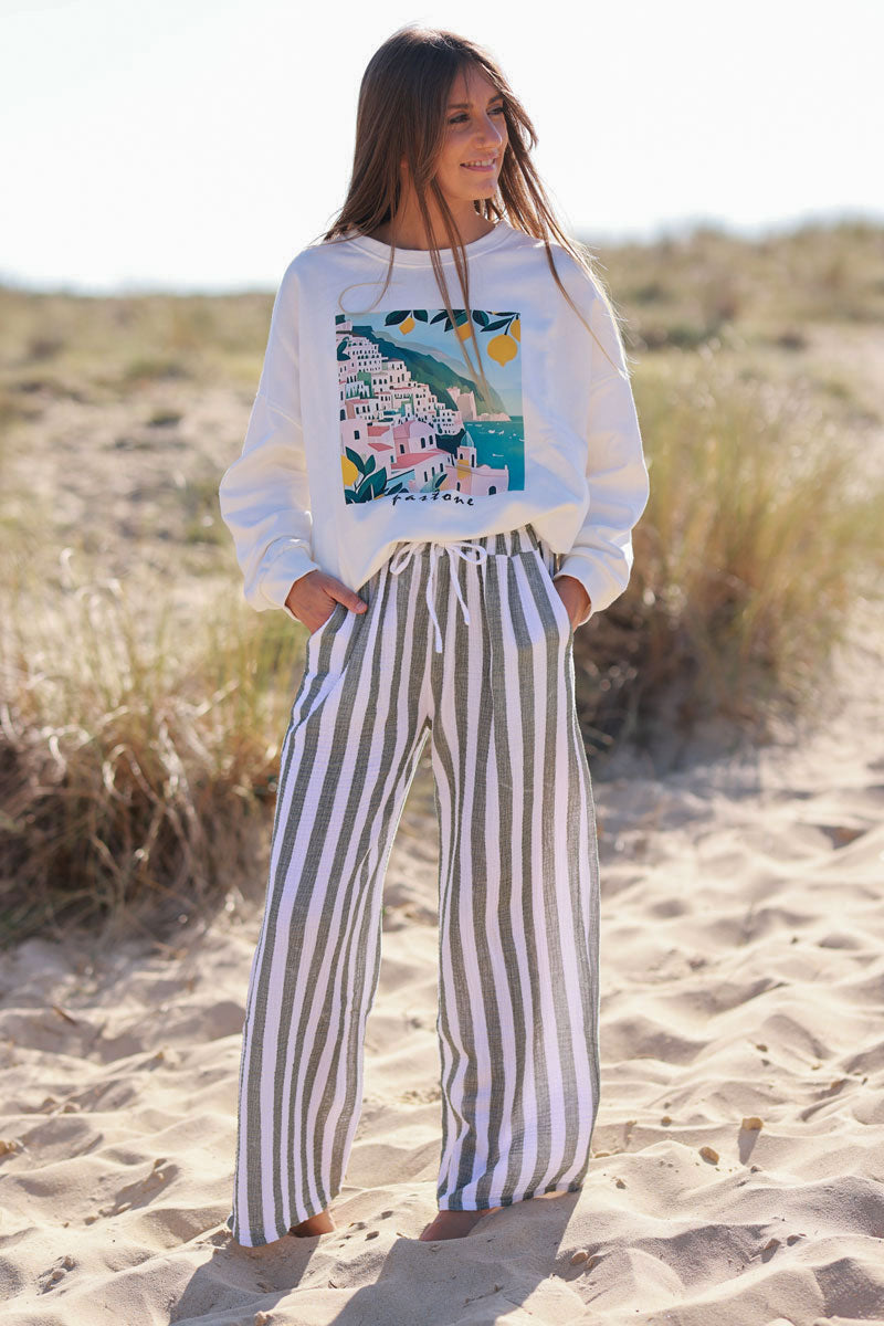 Olive Striped Gauze Casual Pants