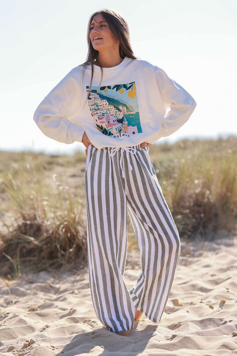 Pantalon en gaze de coton à rayures kaki wide leg ceinture élastique