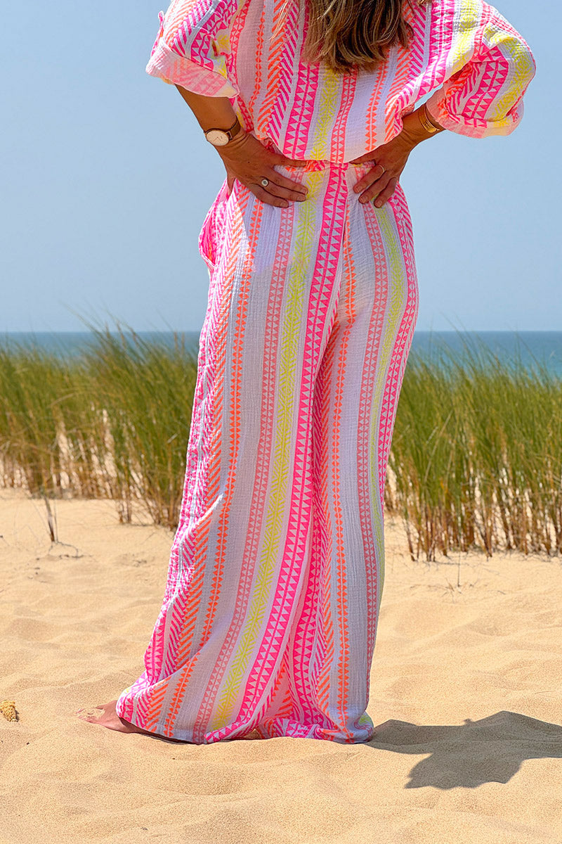 Pantalon en gaze de coton imprimé ethnique rose orange et jaune