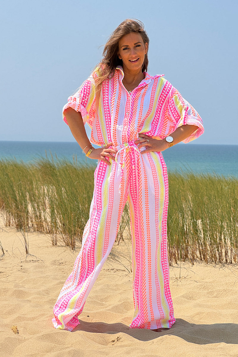 Pantalon en gaze de coton imprimé ethnique rose orange et jaune