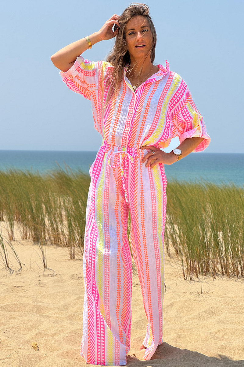 Pantalon en gaze de coton imprimé ethnique rose orange et jaune