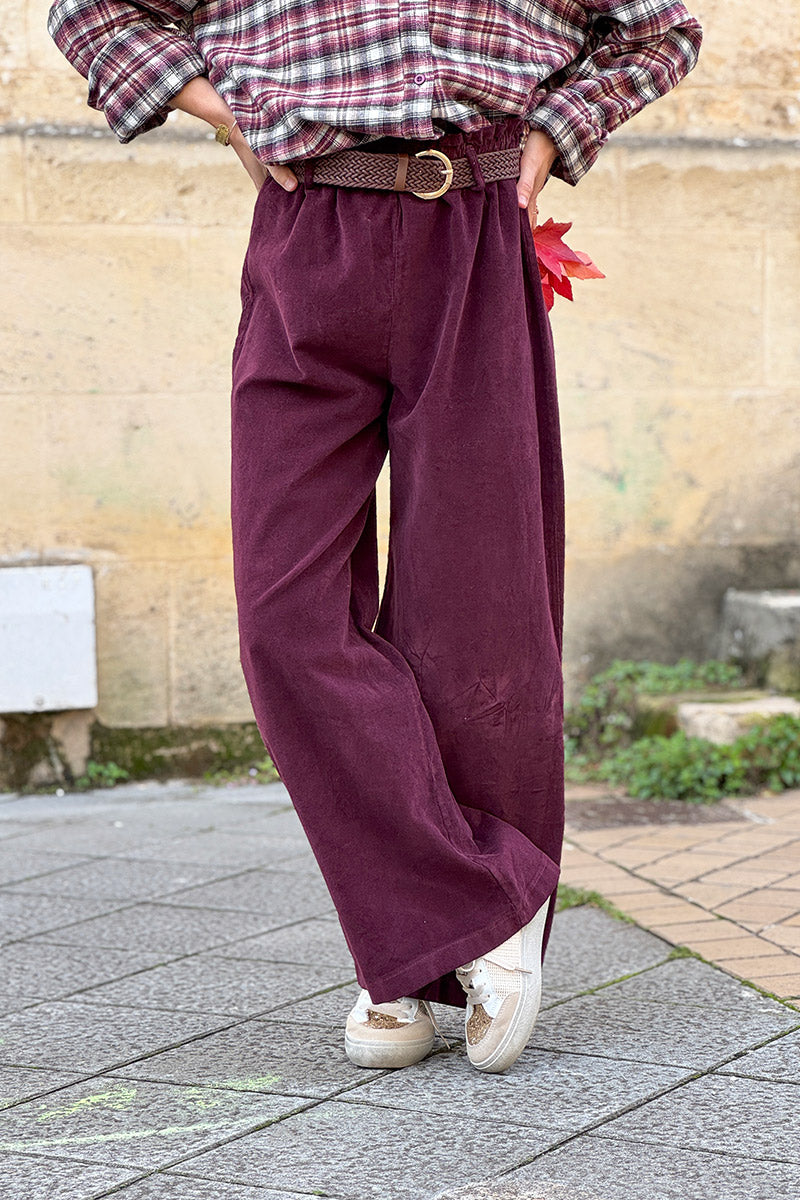 Burgundy Corduroy Paperbag Waist Pants with Woven Belt