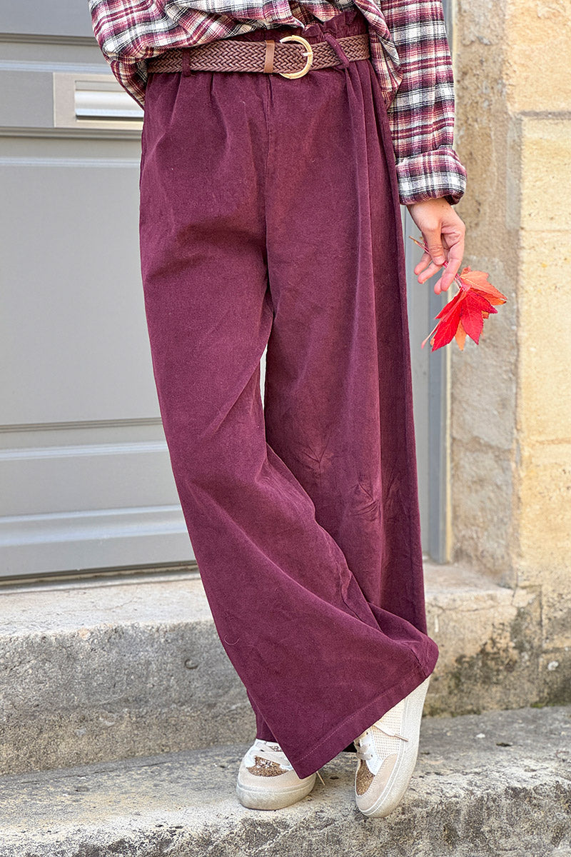 Burgundy Corduroy Paperbag Waist Pants with Woven Belt