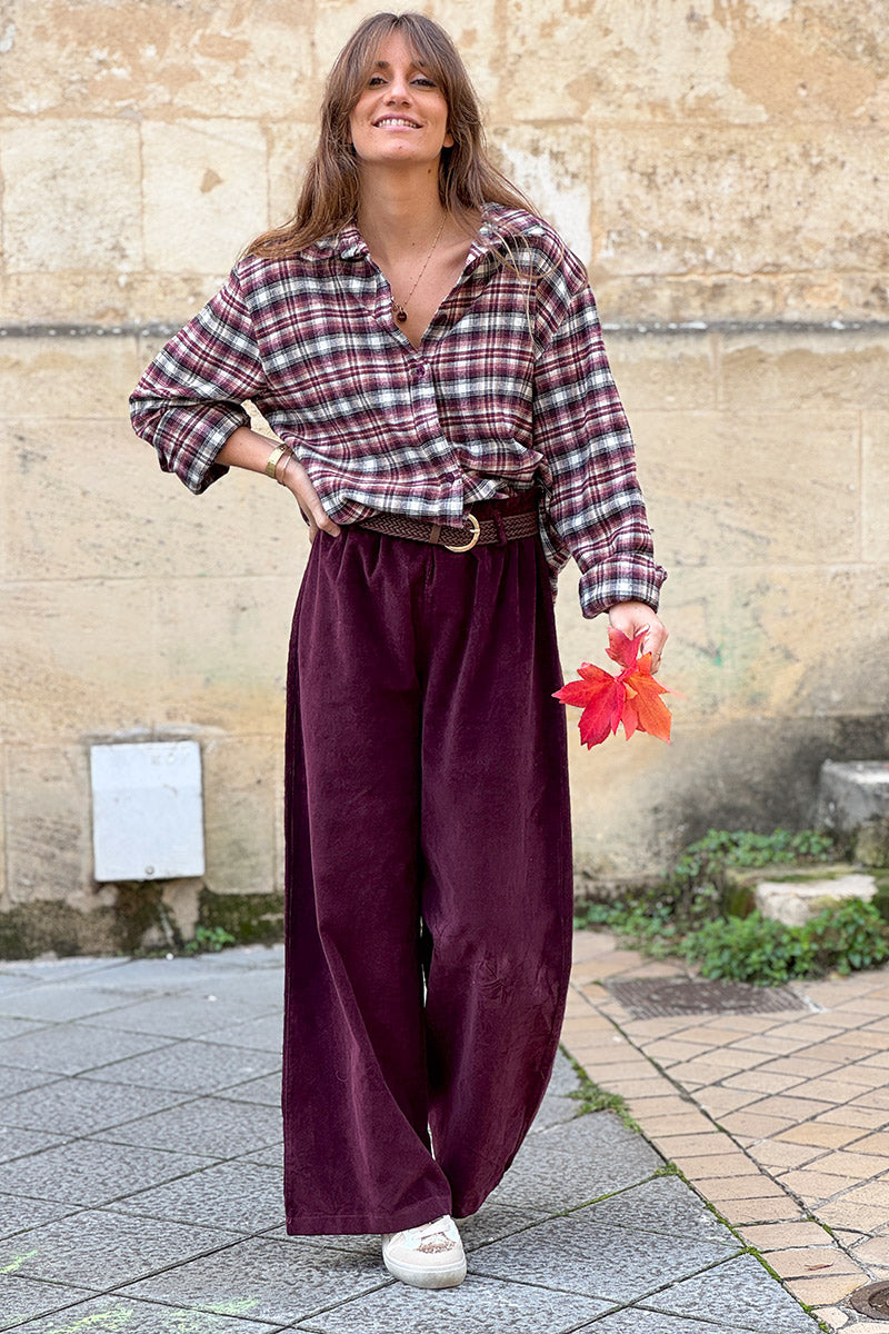 Burgundy Corduroy Paperbag Waist Pants with Woven Belt