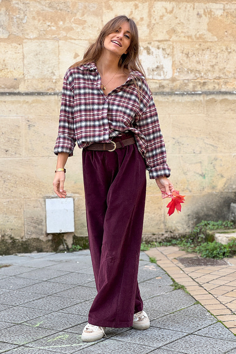 Burgundy Corduroy Paperbag Waist Pants with Woven Belt