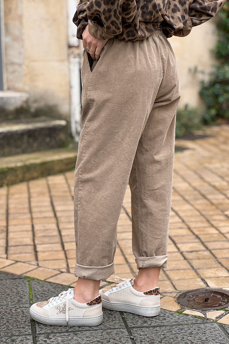 Beige Corduroy Pants with Leopard Sash Belt