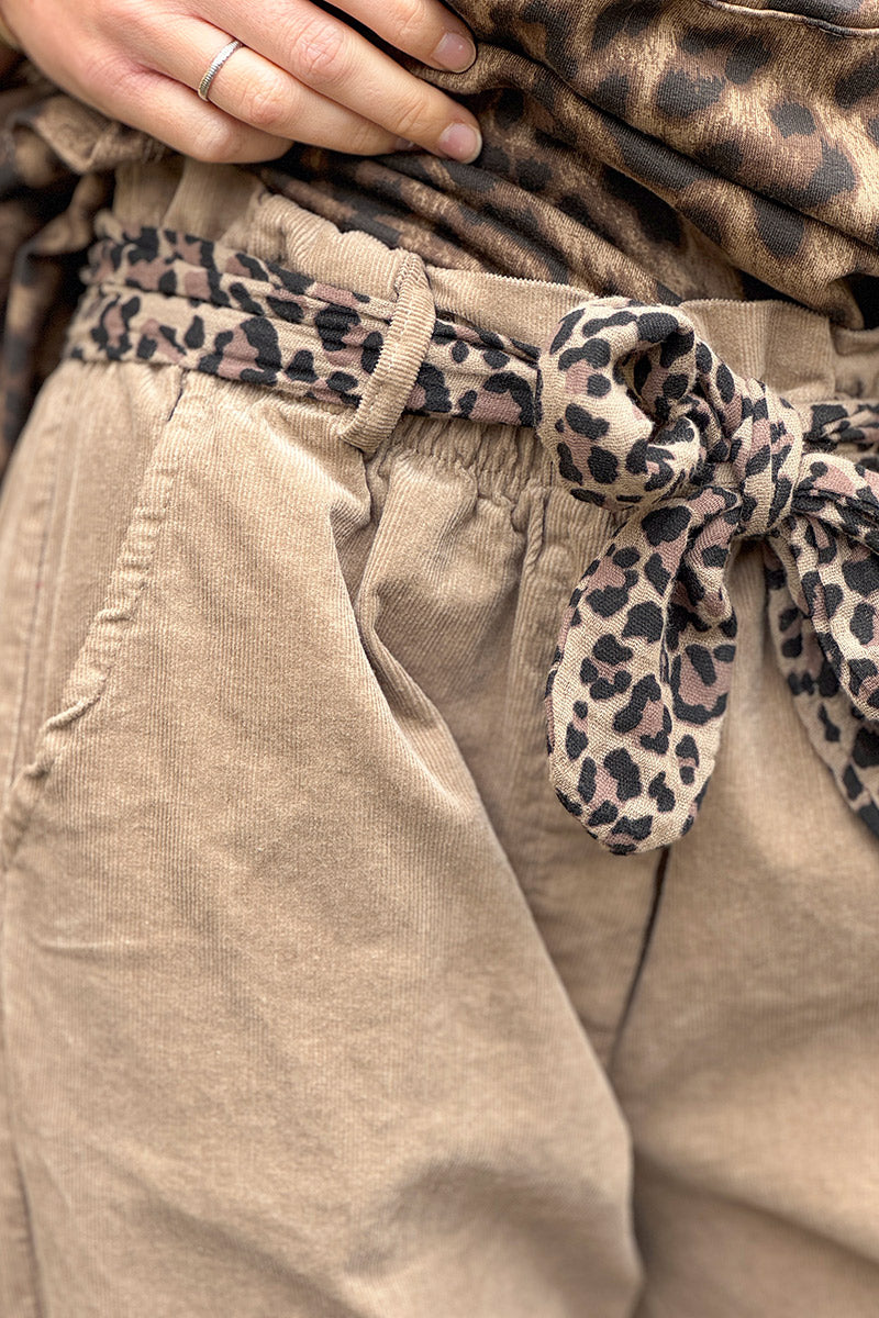 Beige Corduroy Pants with Leopard Sash Belt