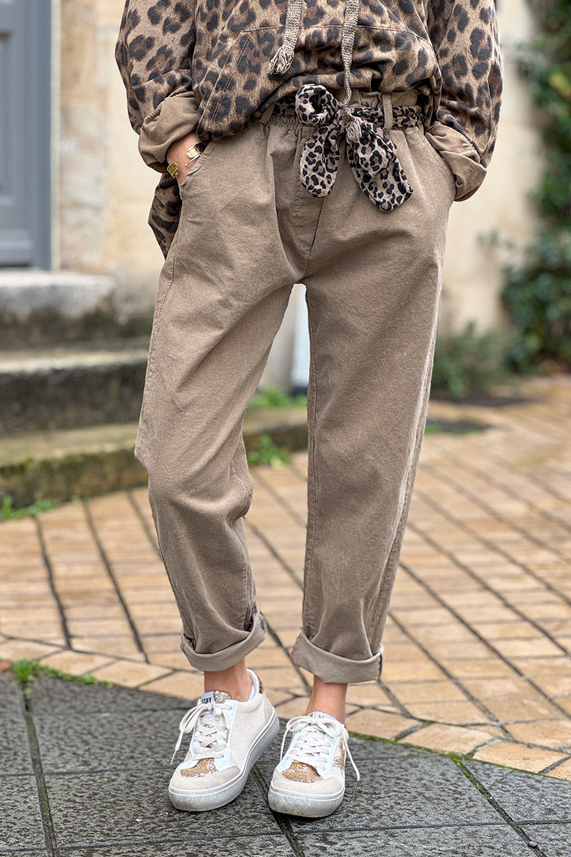 Beige Corduroy Pants with Leopard Sash Belt