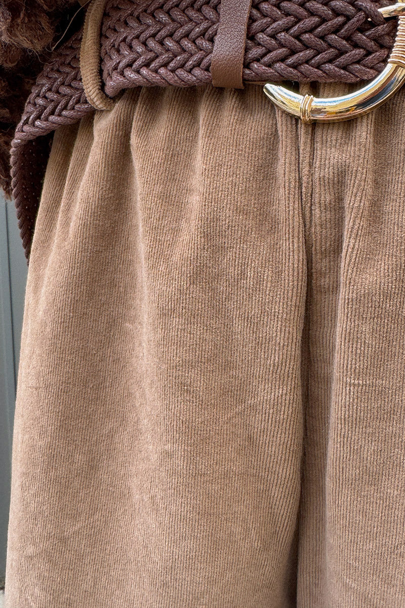 Camel Corduroy Paperbag Waist Pants with Woven Belt