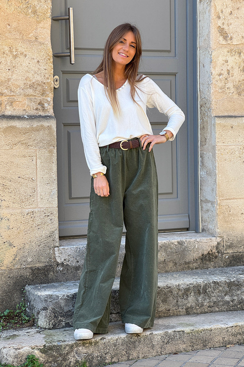 Pantalon en velours côtelé kaki stretch coupe large wide leg ceinture tressée
