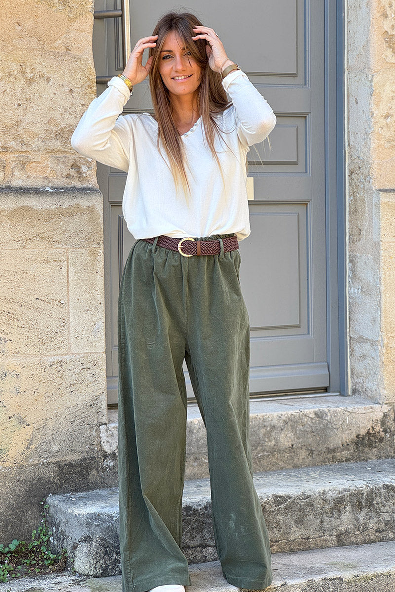 Pantalon en velours côtelé kaki stretch coupe large wide leg ceinture tressée