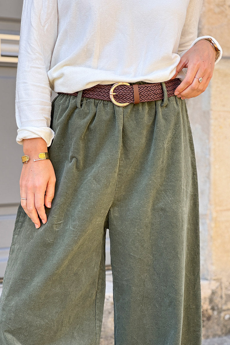 Pantalon en velours côtelé kaki stretch coupe large wide leg ceinture tressée