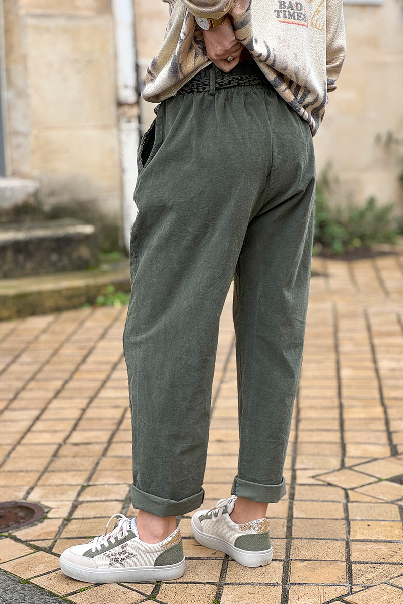 Olive Corduroy Pants with Leopard Sash Belt