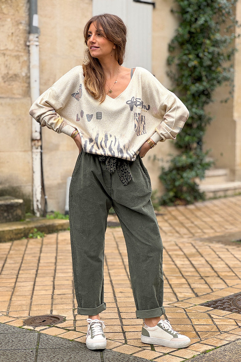 Olive Corduroy Pants with Leopard Sash Belt