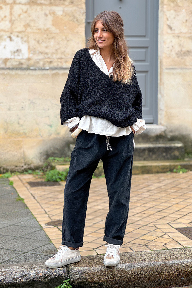 Black Corduroy Pants with Leopard Sash Belt