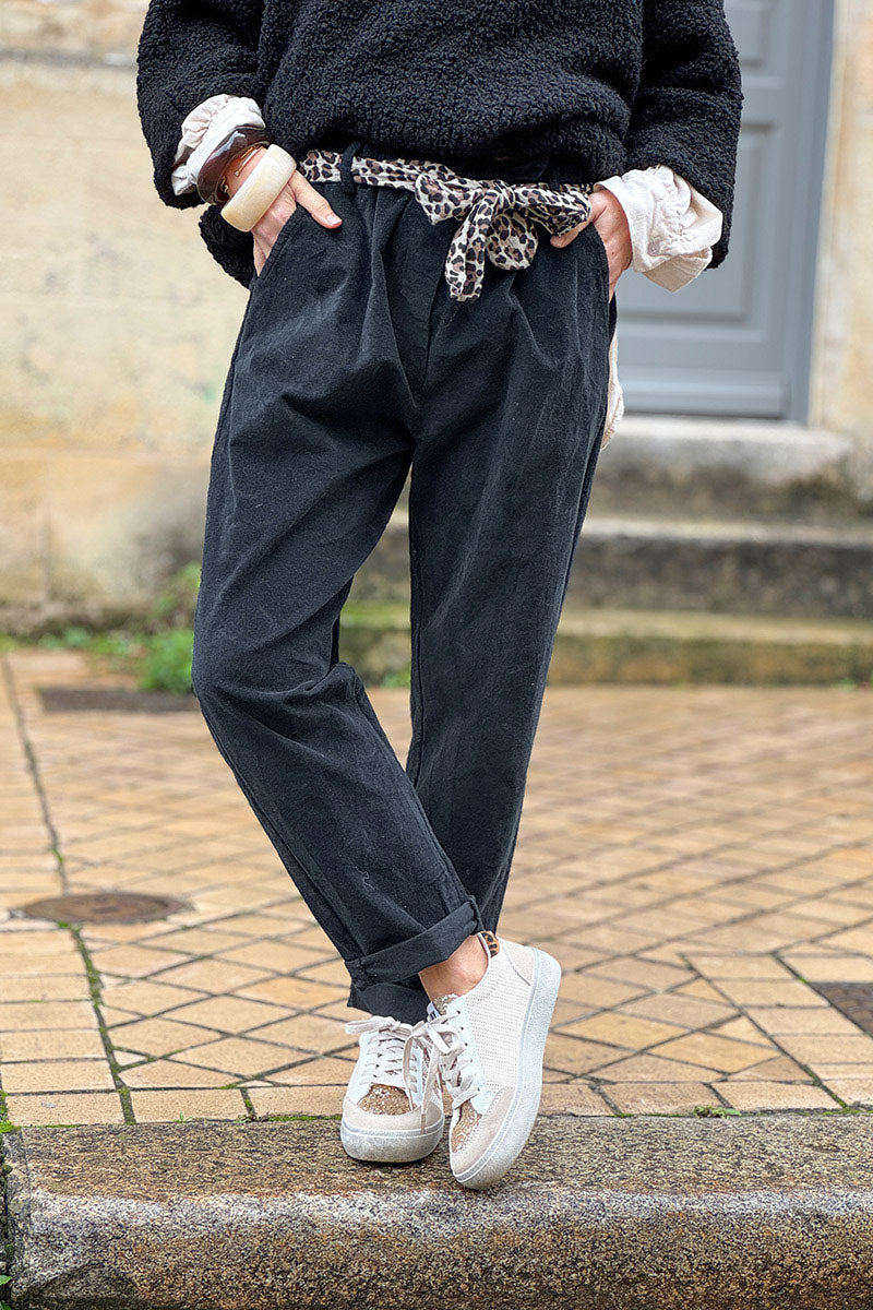 Black Corduroy Pants with Leopard Sash Belt