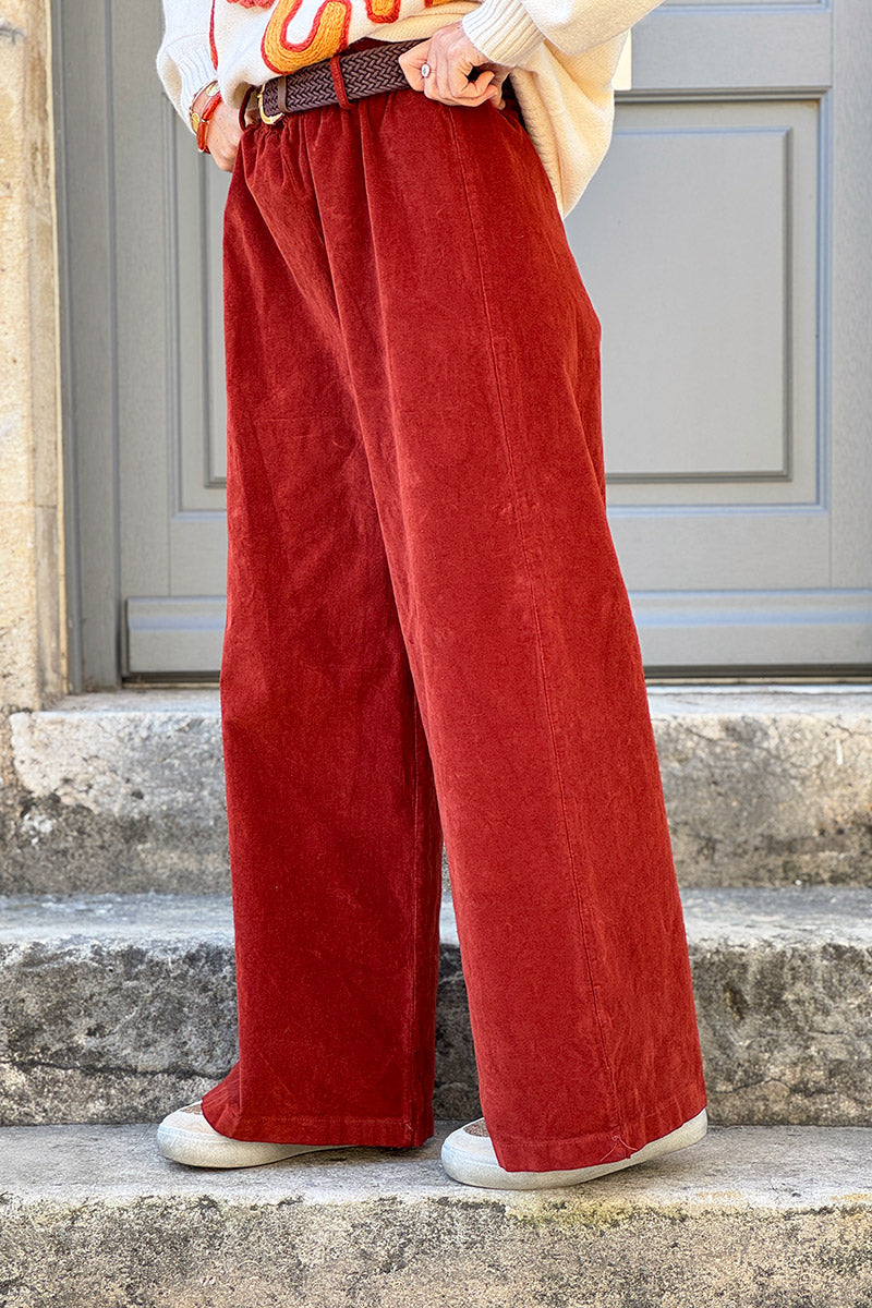Pantalon en velours côtelé terracotta stretch coupe large wide leg ceinture tressée