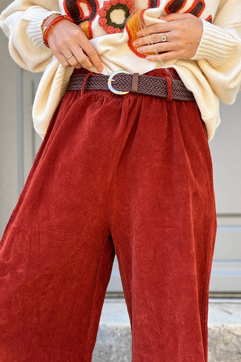 Pantalon en velours côtelé terracotta stretch coupe large wide leg ceinture tressée