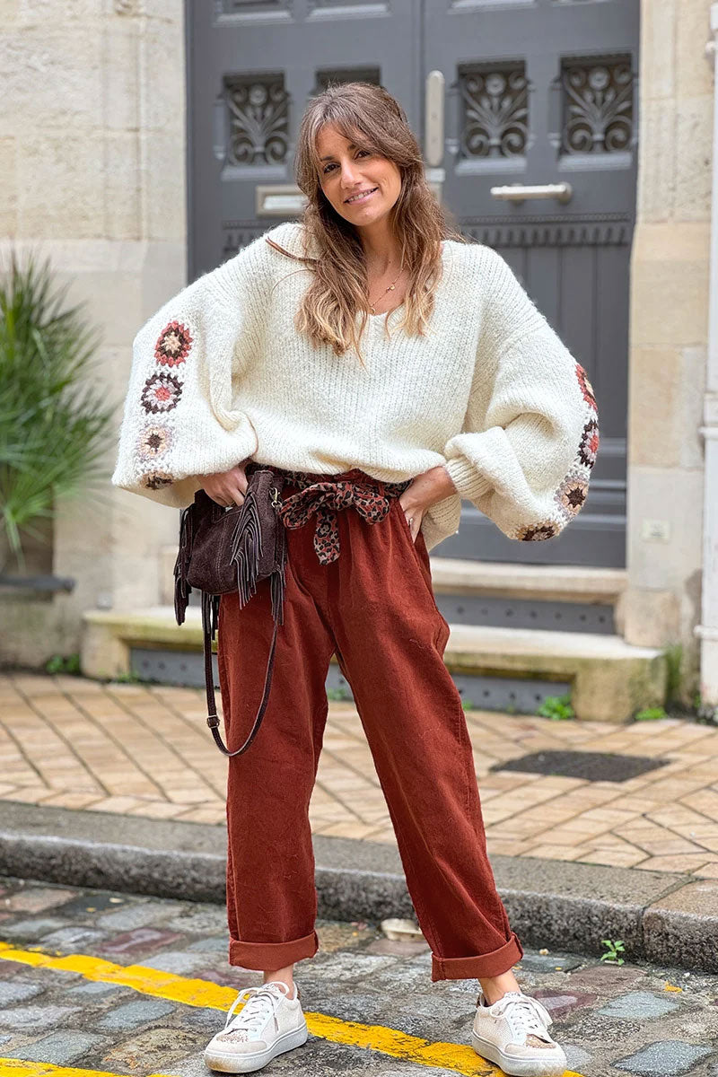 Rust Corduroy Pants with Leopard Sash Belt