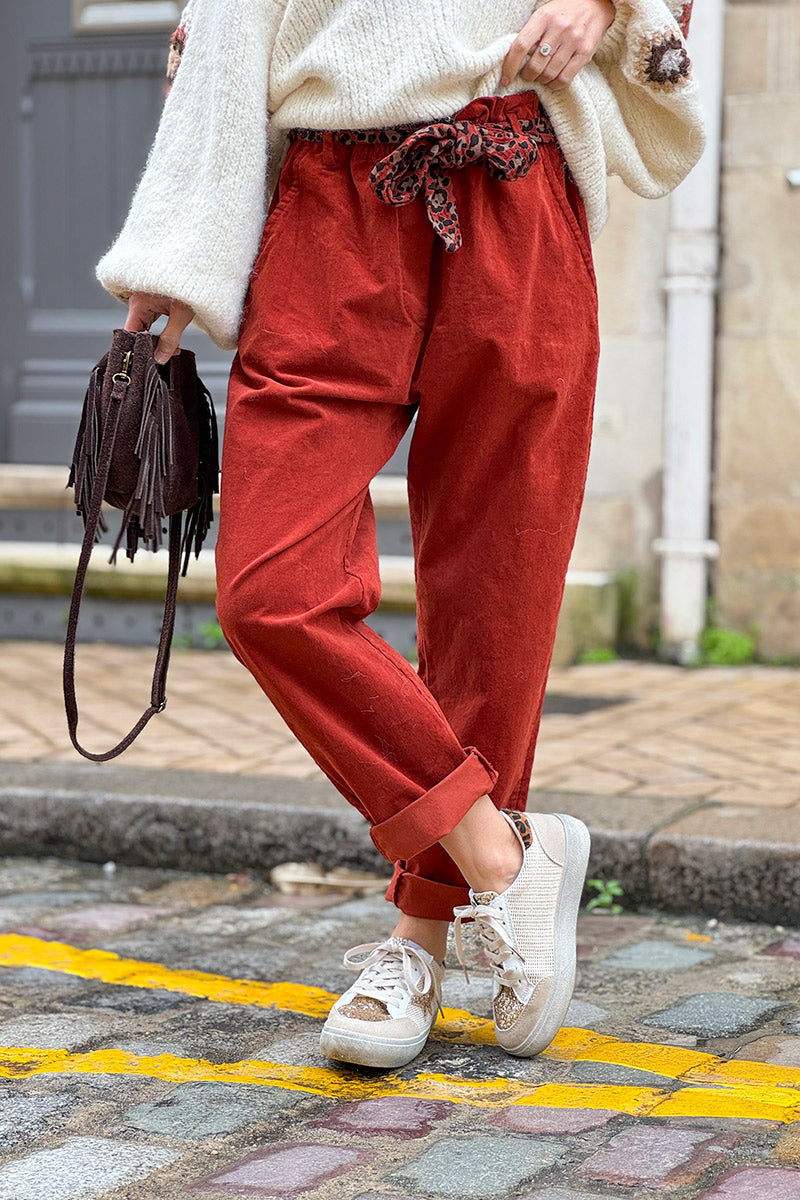 Rust Corduroy Pants with Leopard Sash Belt