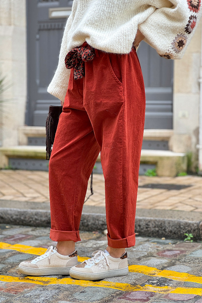 Rust Corduroy Pants with Leopard Sash Belt