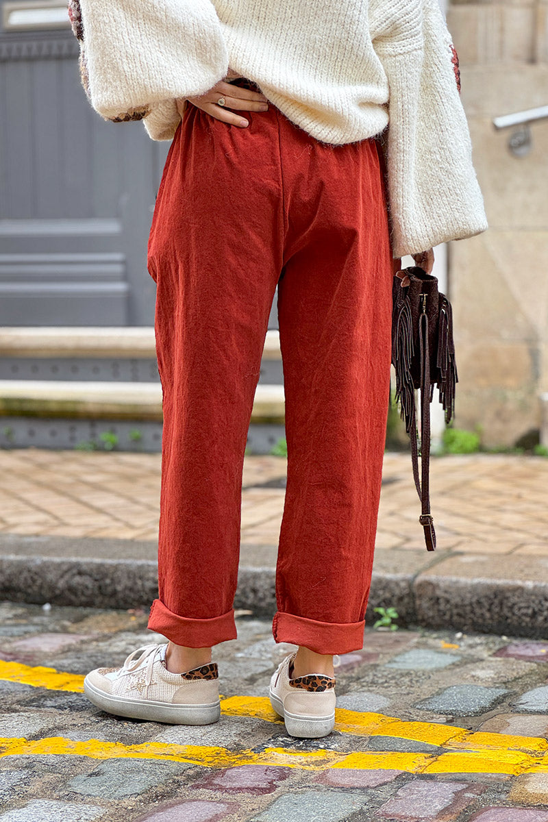 Rust Corduroy Pants with Leopard Sash Belt