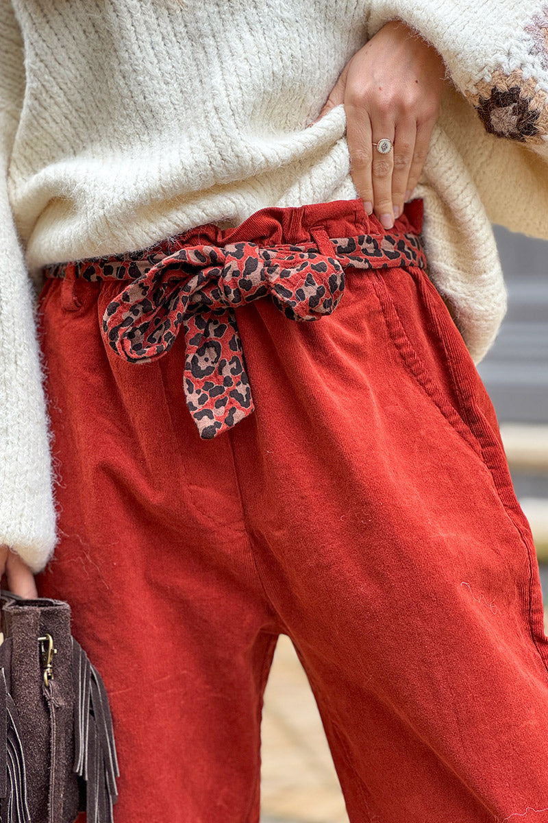 Rust Corduroy Pants with Leopard Sash Belt