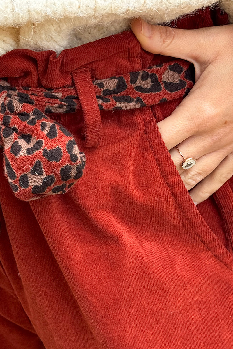 Rust Corduroy Pants with Leopard Sash Belt