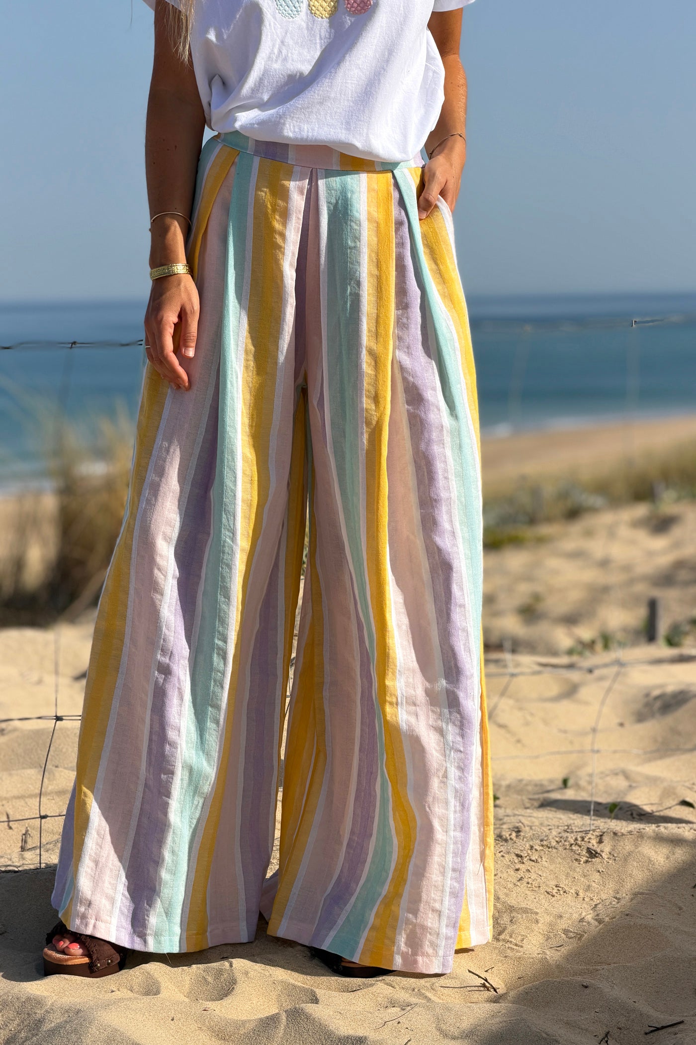 Pantalon extra large en coton rayures pastel jaune et violet taille élastique
