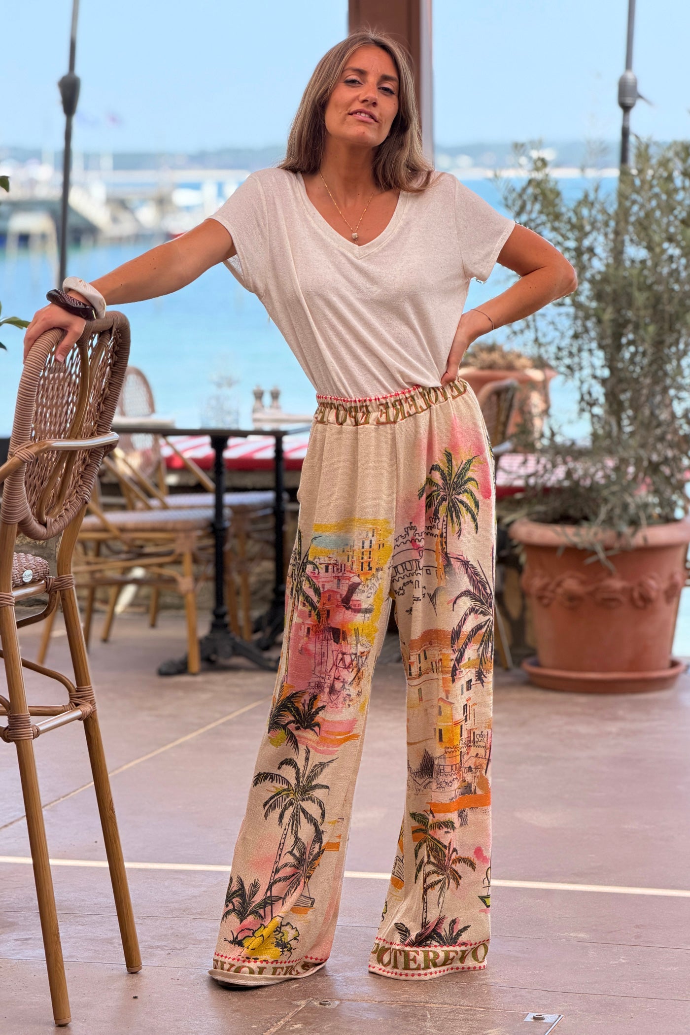 Beige Coastal View Glitter Knit Pants