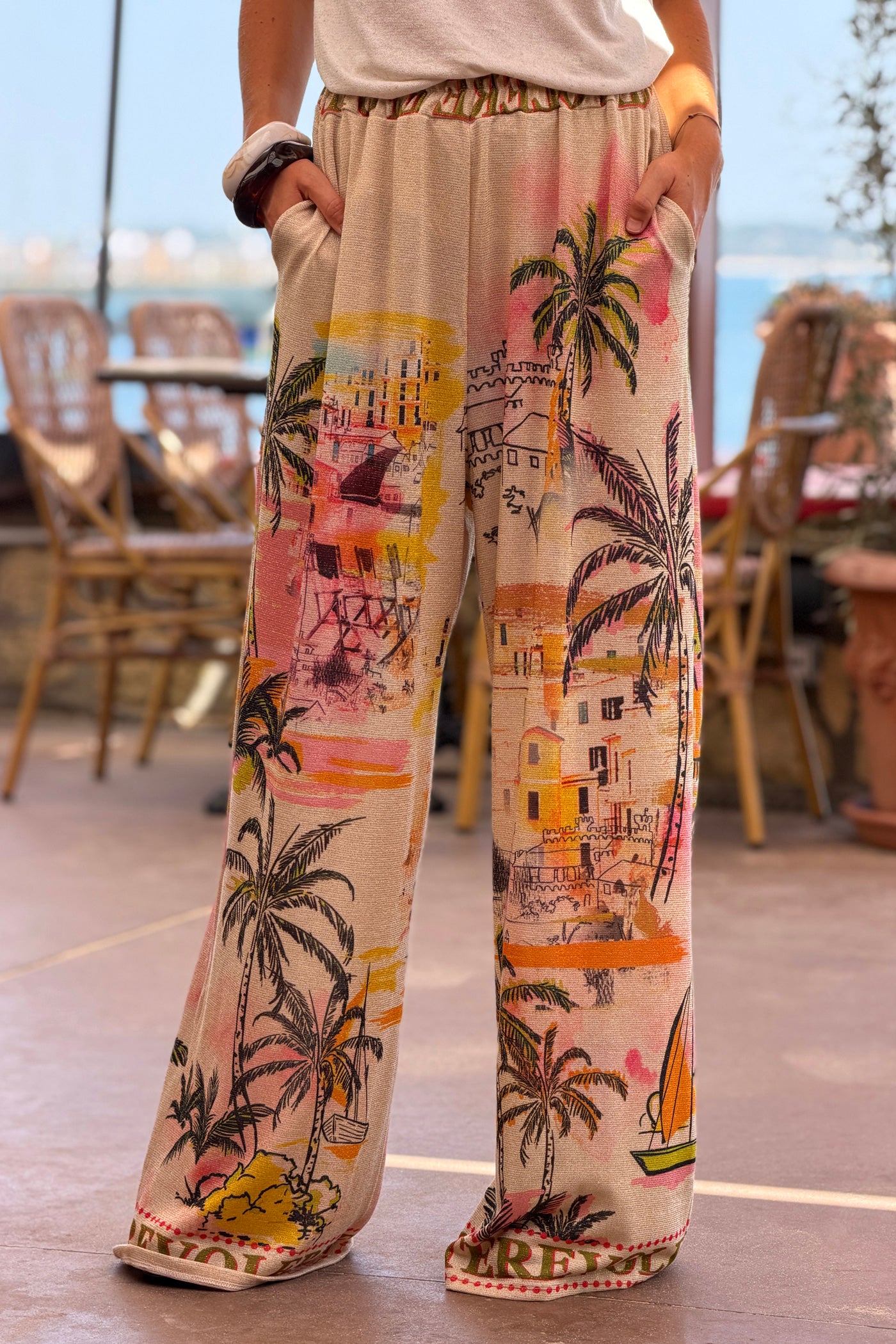 Beige Coastal View Glitter Knit Pants