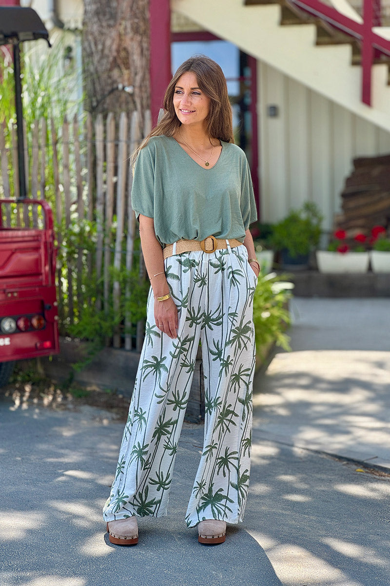 Olive Palm Belted Palazzo Pants
