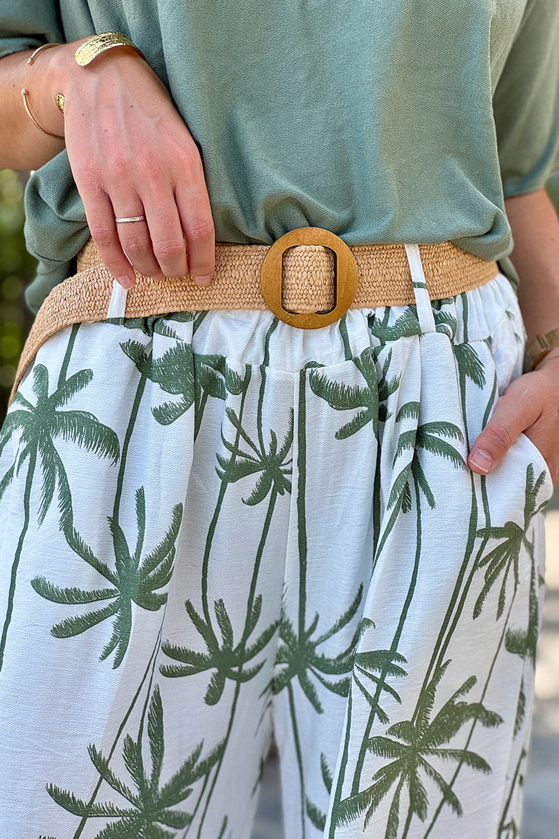 Olive Palm Belted Palazzo Pants