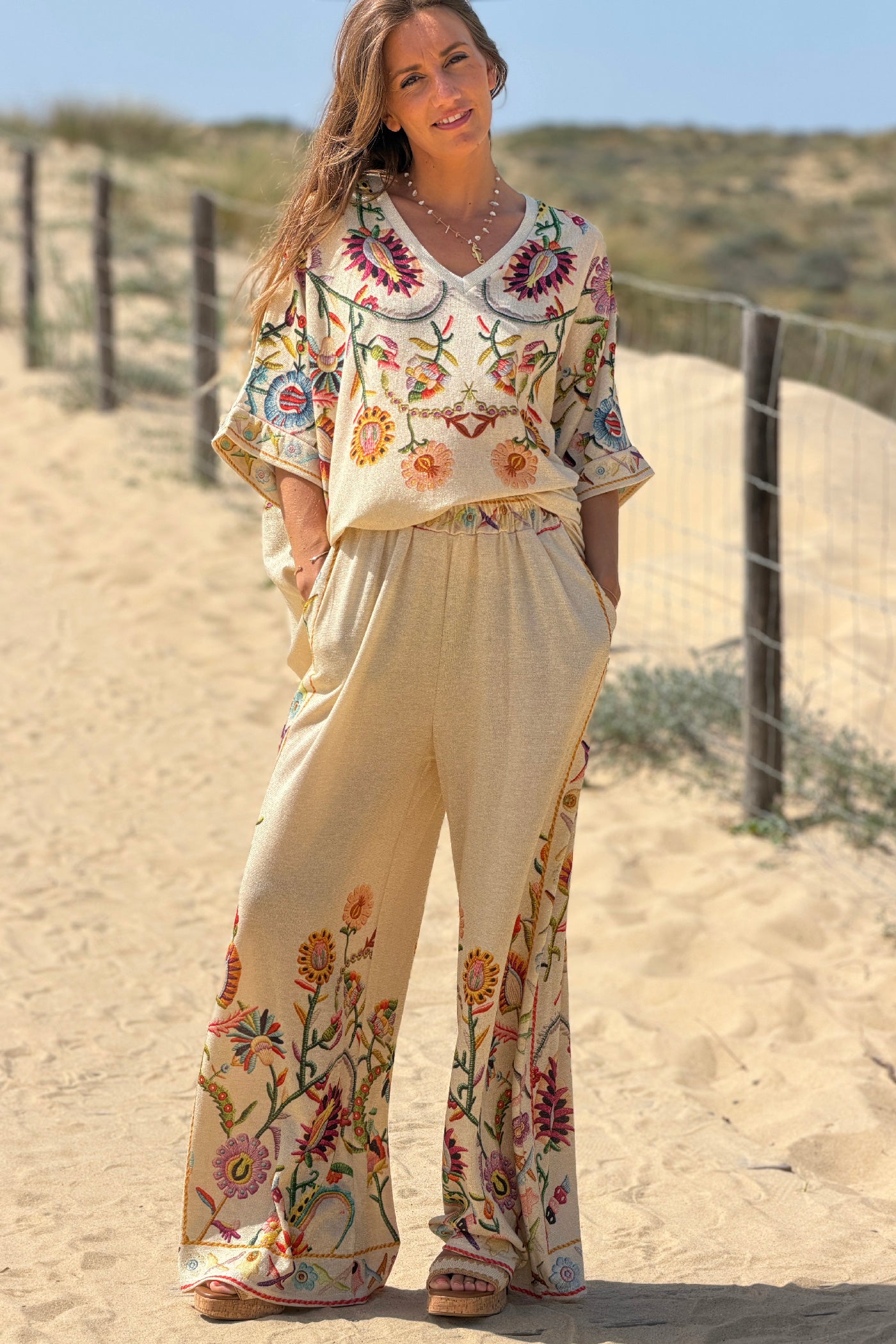 Beige Embroidered Folk Garden Pull-On Pants
