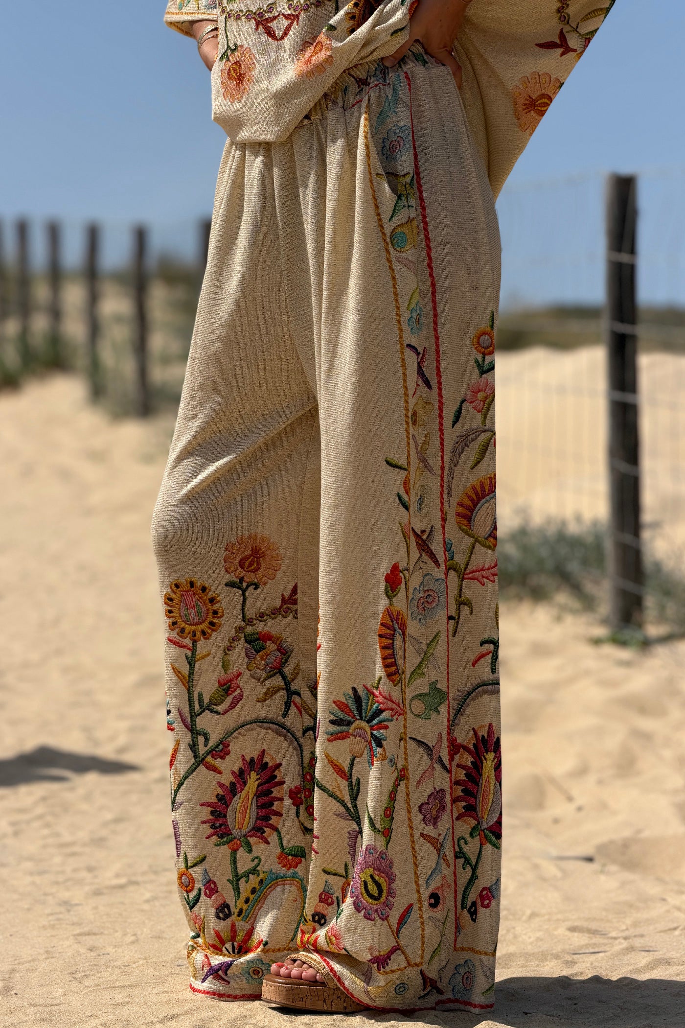 Beige Embroidered Folk Garden Pull-On Pants