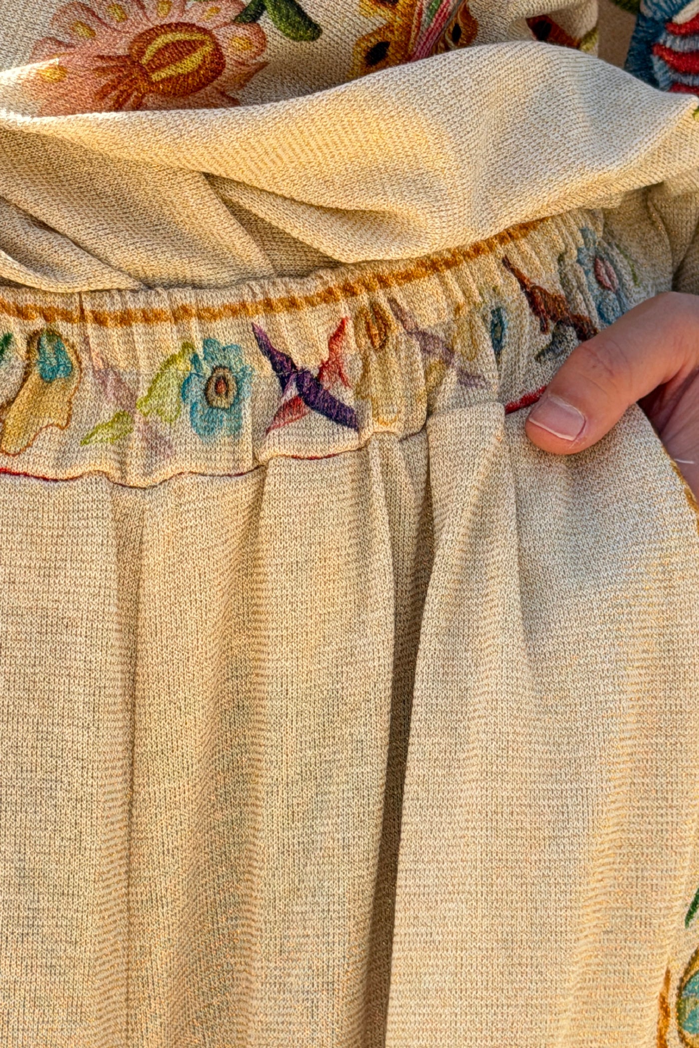 Beige Embroidered Folk Garden Pull-On Pants