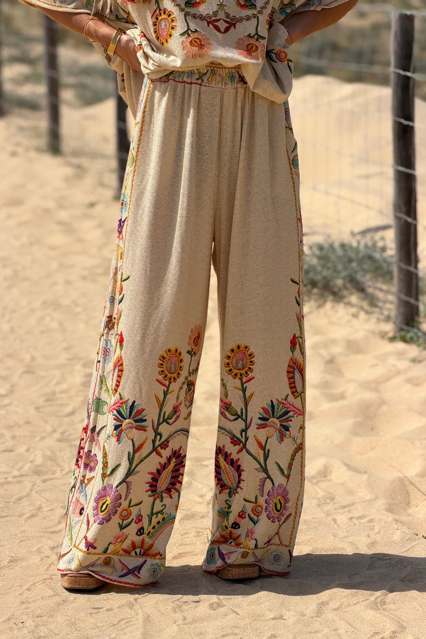 Beige Embroidered Folk Garden Pull-On Pants