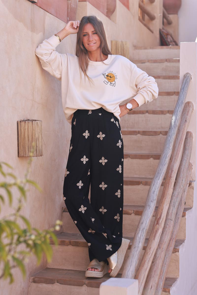 Pantalon fluide coupe tailleur noir broderie fleurs beige